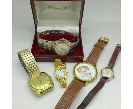 Five wristwatches including Rotary, boxed and Tissot Seastar Seven