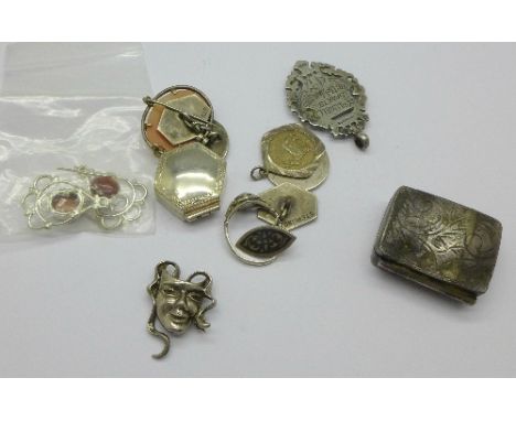 Silver and white metal items, including two pill boxes, a fob, cufflinks, brooch, cameo, etc., 67.3g, the fob bears inscripti