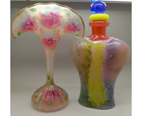 A Kosta Boda figural decanter and a hand painted 'fan' shaped vase, vase 27cm