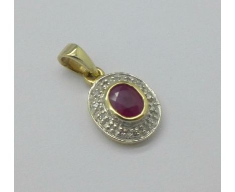 A 9ct gold, ruby and diamond pendant, 1.1g