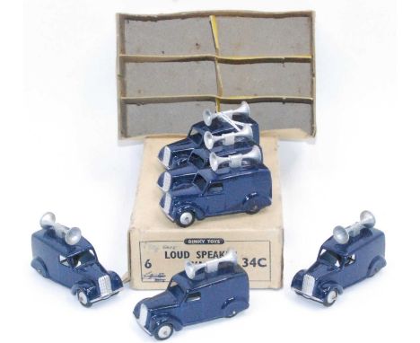 Dinky Trade box of 6 No.34 Loud Speaker Vans in blue, as left the factory with original insert card, superb set and difficult