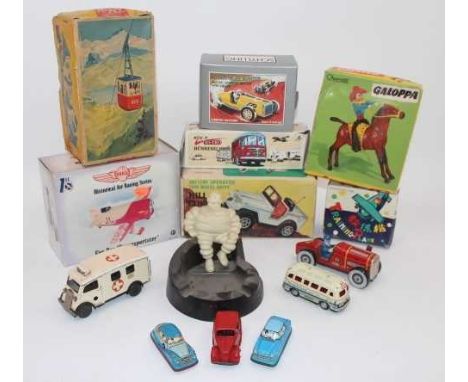 Collection of mixed tinplate, diecast, and plastic toys to include Marx Hill Climbing Jeep, Lehmann 900 Rigi Boxed Cable Car,