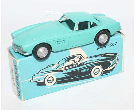 Marklin No.8022 model of a BMW 507 in turquoise with spun hubs and silver detailing, in the original blue and white all card 