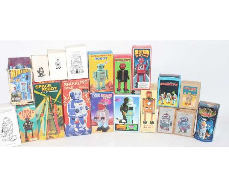 One box containing a large quantity of various Chinese and Japanese re-release classic tinplate robots to include a Skyling S