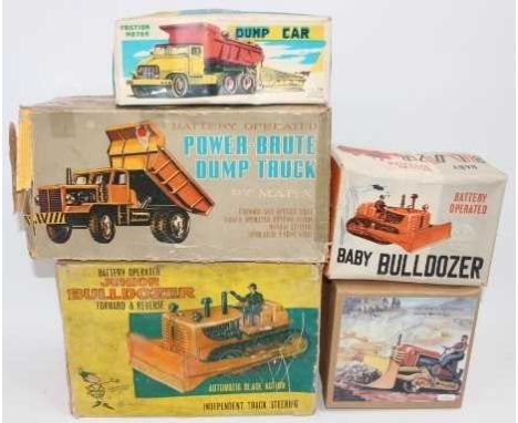 5 various boxed tinplate and plastic earthmoving and commercial vehicles to include Marx Baby Bulldozer, Haji Dump Car, Marx 