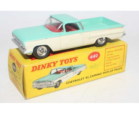 Dinky Toys No. 449 Chevrolet el Camino pickup truck comprising of turquoise and white body with red interior and spun hubs, h