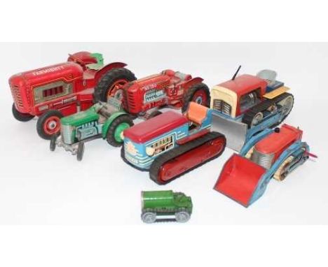 Collection of tinplate Farming and Earth Moving Vehicles, mixed examples to include Modern Toys of Japan 03-63 Crawler Tracto