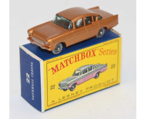 A Matchbox No.22 1958 Vauxhall Cresta comprising of metallic copper body with black base and silver plastic wheels, in mint c