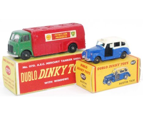 Dinky Dublo group of 2 models boxed as follows 070 A.E.C Mercury Tanker (Shell/B.P) and a 067 Austin Taxi in blue and cream b