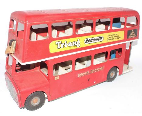 A Triang large scale pressed steel model of a London Transport double-decker bus finished in red with white interior with chr