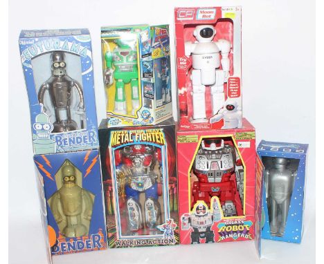 One box containing seven various boxed mixed issue plastic and battery-operated robots, some clockwork examples include a bat