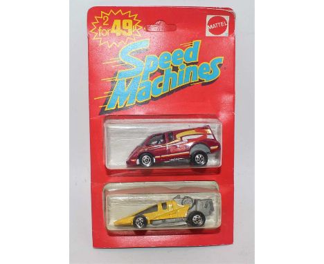A Mattel Speed Machines twin pack gift set, comprising of two various vehicles housed on the original red ground backing card