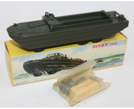 French Dinky Toys 825 G.M.C DUKW Amphibian, matt drab green, driver, 3x drums and 2x crates, mint original condition, in near