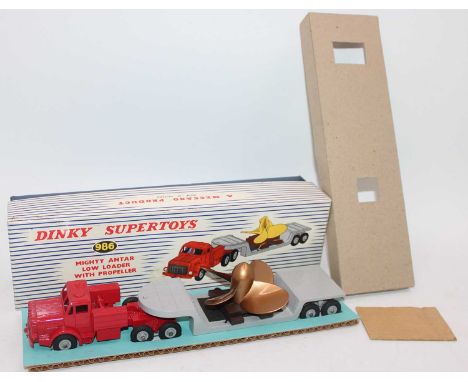 Dinky Toys No. 986 Mighty Antar low loader with propeller, comprising of red tractor unit with grey low loader trailer and ma