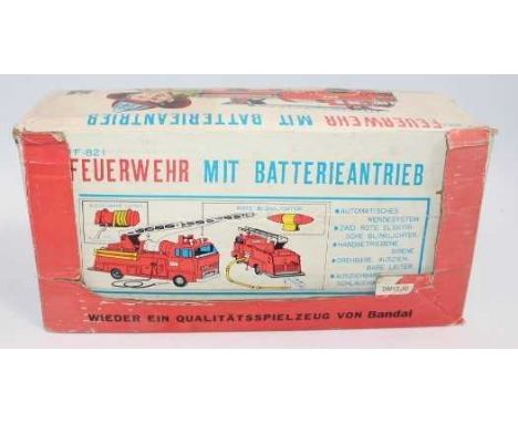 Bandai, tinplate and battery operated model of a IF-821 Fire Engine, finished in red and silver, with adjustable hose reel, e