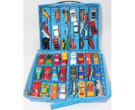 Matchbox style Carry case of 47 mixed loose, mainly Matchbox, Corgi, and Siku models in fair to good condition, all play worn