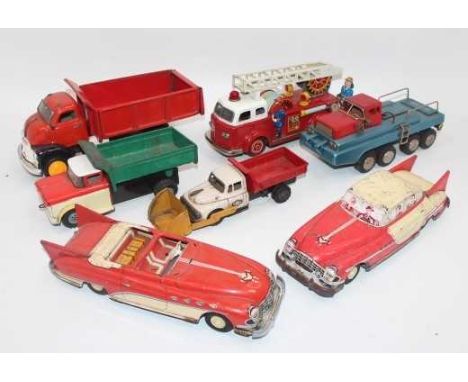 7 various loose tinplate vehicles to include ATC of Japan Tipper Truck, Yoshiya Tinplate Fire Engine, Joustra Friction Drive 