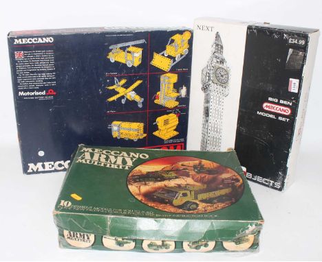 A Meccano boxed kit group to include a Meccano No. 3M boxed gift set, a Meccano Army Multikit, and a Meccano Next Objects Big