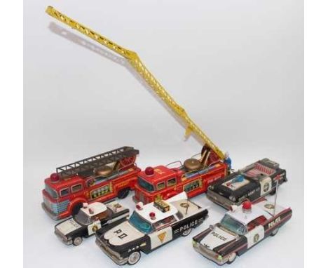 6 various loose Japanese tinplate Emergency Services vehicles to include Ichiko Police Patrol Car (Replacement Roof Light), K