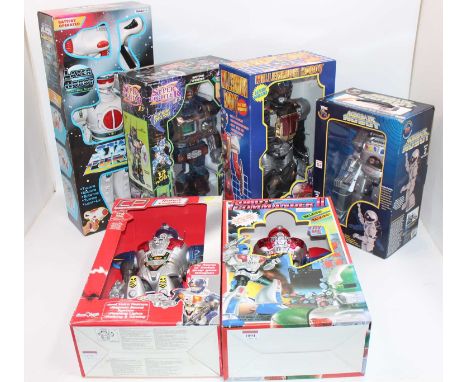 Six various boxed modern release plastic and battery operated various robots, to include a super fighter 15 robot, a battery-