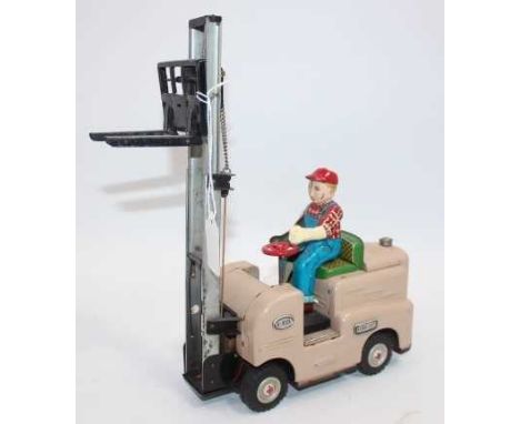 Modern Toys of Japan, tinplate and battery operated model of a Fork Lift Truck, model number s-1002, comprising tan body with