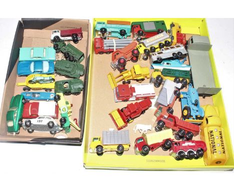 Two trays containing a quantity of mixed Matchbox 1/75 series and Dinky Toy diecasts to include a Matchbox No. 37 cattle truc