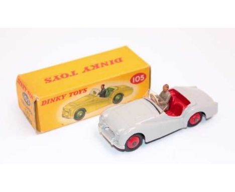 Dinky Toys No.105 Triumph TR2 Sports Car in grey with red interior and grey driver in mint condition with a good correct colo