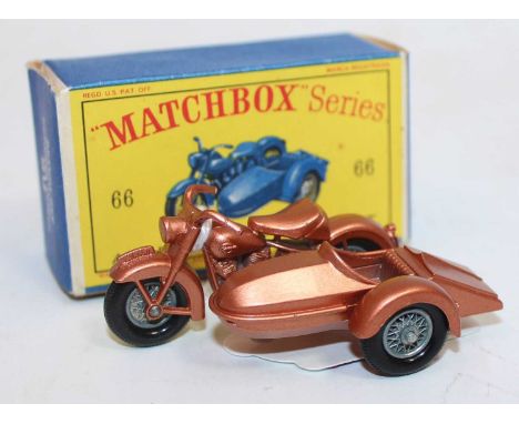 Matchbox Lesney No.66 Harley Davidson Motorcycle and Sidecar in bronze colour, mint condition comes with the original correct