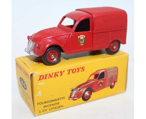 French Dinky Toys No.25D Citroën 2CV Incendie fire van in red with red hubs and Fire Brigade transfer to doors, complete with