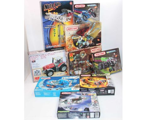 Eight Meccano set and two others:- nuts and bolts hammerhead crane (M), Tronic tractor (M), Meccano:- crazy inventors 8650 an