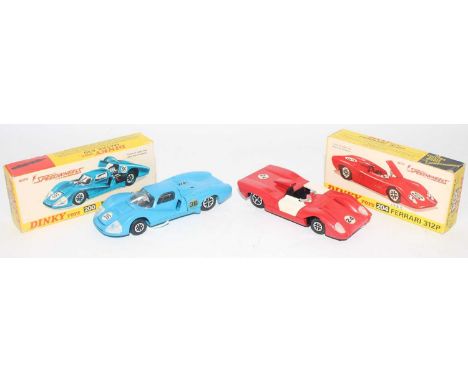 Dinky Toys boxed racing car diecast group to include a No. 204 Ferrari 312P comprising of red and white body with racing numb