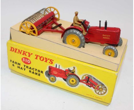Dinky Toys, 310, Tractor and Hay Rake, comprising No.300 Massey Harris Tractor and No.324 Hay Rake, finished in red and yello