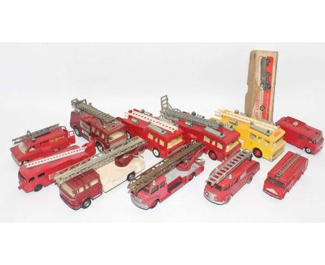 One box containing a quantity of vintage diecast and plastic fire service vehicles and accessories, to include a Dinky Toys M