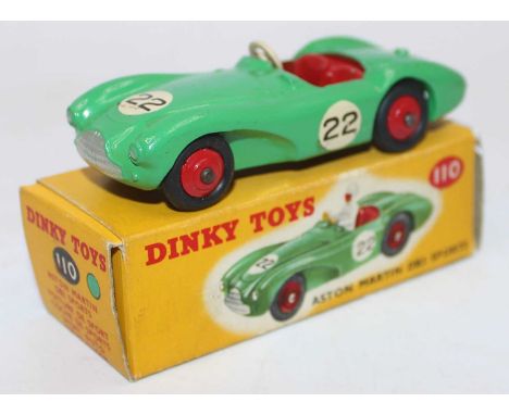 Dinky Toys 110 Aston Martin DB3 Sports, in mid green with red interior and wheels (missing driver) no 22 in very good conditi