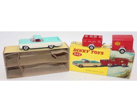 Dinky Toys 448 Chevrolet Pick-Up and two trailers, Chevrolet in turquoise and ivory with red interior (model has a few chips 