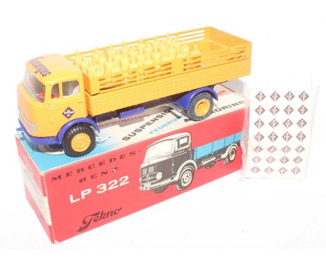 Tekno No.911 Mercedes KOSANGAS Gas Truck, yellow/orange cab, wagon body, wheels, violet/dark blue chassis, yellow/orange load