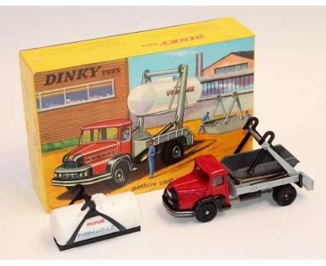 French Dinky Toys 805 Gamion Unic Multibenne Et Citerne with red body, black arches and hubs, grey bed, grey and black skip a