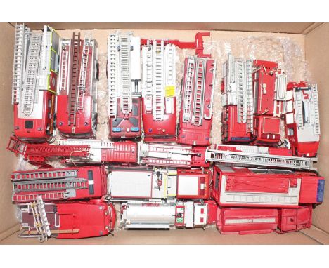 One box containing a quantity of various mixed scale diecast and kit built fire engines and fire service vehicles, to include