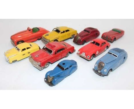 9 various loose tinplate saloons, to include Schuco, Bandai, Mini Models, and others, examples include Mini Models Aston Mart