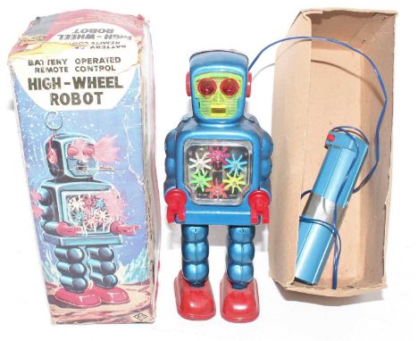 KO (Japan) "High-Wheel Robot", tinplate and plastic battery-operated issue with remote control unit, comprising a metallic bl