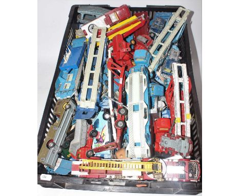 One tray containing a large quantity of various playworn and mainly Corgi Toy diecasts to include Simon Snorkel Fire Engines,