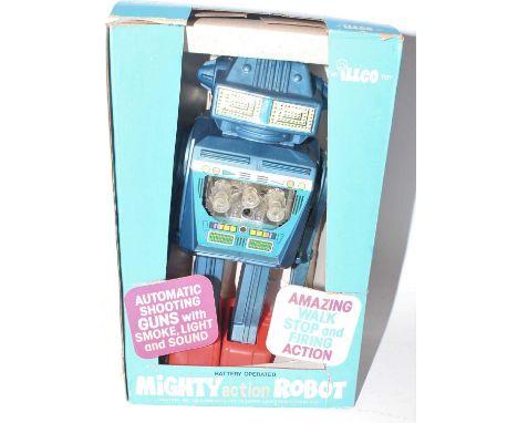 An Illco toy plastic and battery operated mighty action robot comprising of blue body with red feet with automatic shooting g