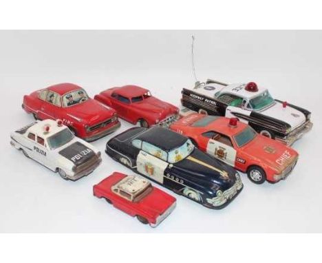 7 various loose Japanese, British, and Chinese tinplate and plastic vehicles, some battery operated others friction powered, 