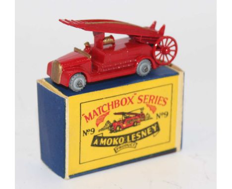 Matchbox series 9A Dennis Fire Escape engine in red with gold trim and metal wheels, in the original type B Moko box, superb 