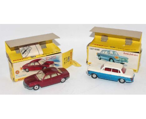 A Dinky Toys boxed saloon group to include a No. 157 BMW 2000 Tilux comprising of two tone white and metallic blue body with 