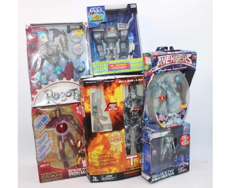 One box containing a collection of various TV-related action figures and robots, mixed lot examples to include Shadow Warrior