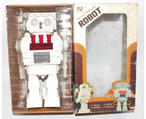 Rojo Toys (Hong Kong) Battery Operated Robot, white body with red chest plate, in the original window box, all with internal 