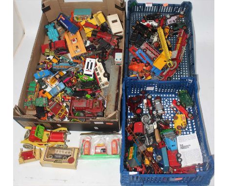 Three trays containing a quantity of various mixed play worn diecast to include Dinky Toy, Corgi Toy, tinplate and other exam