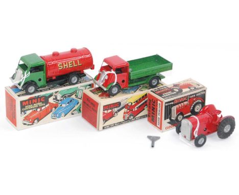 A group of 3 Triang Minic boxed tinplate and clockwork vehicle, to include a red Minic tractor, a Triang Minic short bonnet "