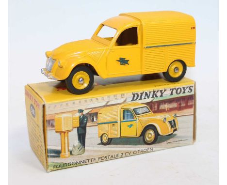 French Dinky Toys No.560 Citroën 2CV Postale van, finished in yellow and blue with yellow hubs and transfers to doors, come w